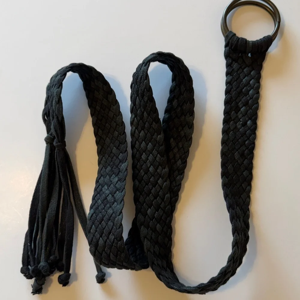 Handmade woven belt with tassle, black, coated cotton rope, size M